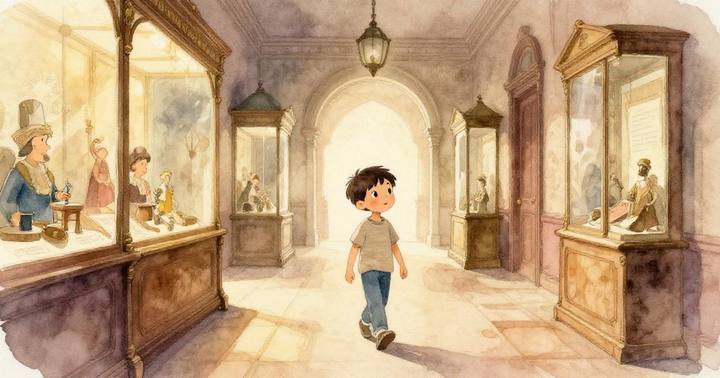 喬爾踏入古色古香的博物館走廊,欣賞陳列櫃中的展品,臉上透露著期待與好奇,開始探索之旅。