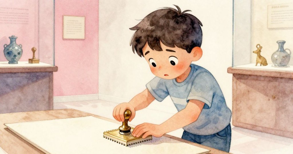 喬爾在紀念章站前用傾斜視角輕按印章於薄頁上,臉上既有挫折也有堅持,展現內心矛盾的情感變化。