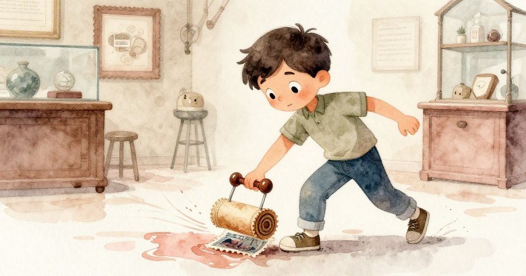 喬爾專注地滾動印章於含水漬的墊上,動態軌跡清晰呈現他的精確動作,背景顯露出古典博物館的韻味。