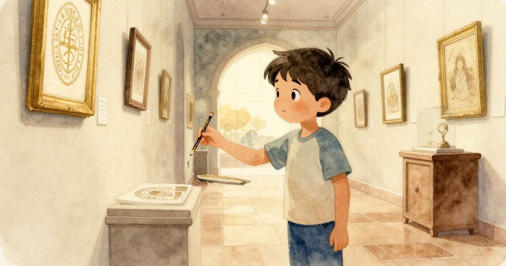 喬爾站在溫暖金色光線中欣賞剛完成的印章,滿懷成就與寧靜將鉛筆歸回托盤,故事完美收尾。