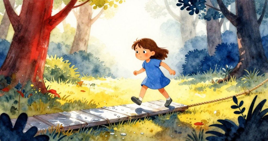 晨光中Gemma小心踏上濕潤木板，背景為蘊含生氣的森林和晨露，展現勇敢迎接新挑戰的神情。