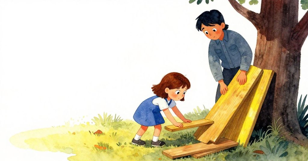 Gemma專注將細木板架於樹枝間，其父母在旁整理備用木板，背景留白顯示清晨寧靜與專注。