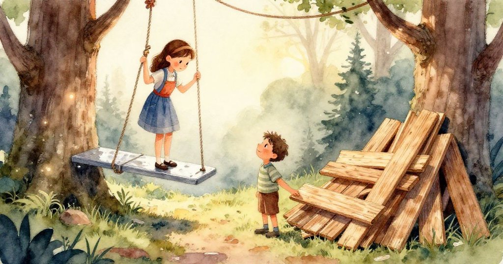 從小動物視角看Gemma用力拉扯沾露水的粗繩，桶子輕搖，展現專注和緊張的瞬間。