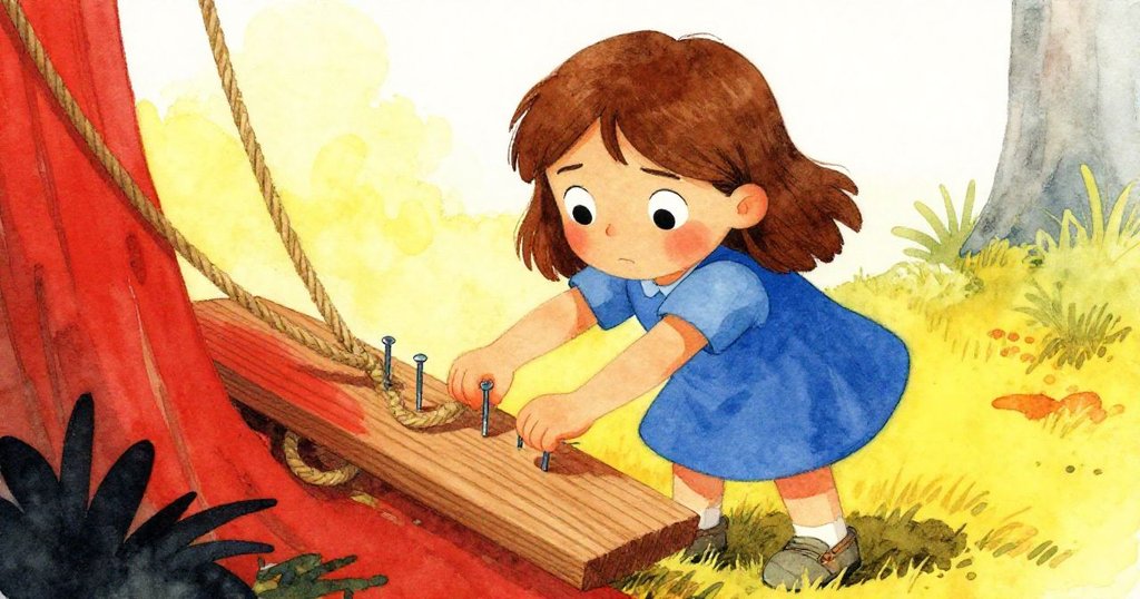 Gemma眼中閃過領悟光芒，巧妙利用粗繩固定木板，神情堅定，清晨森林背景中全心投入於修繕。