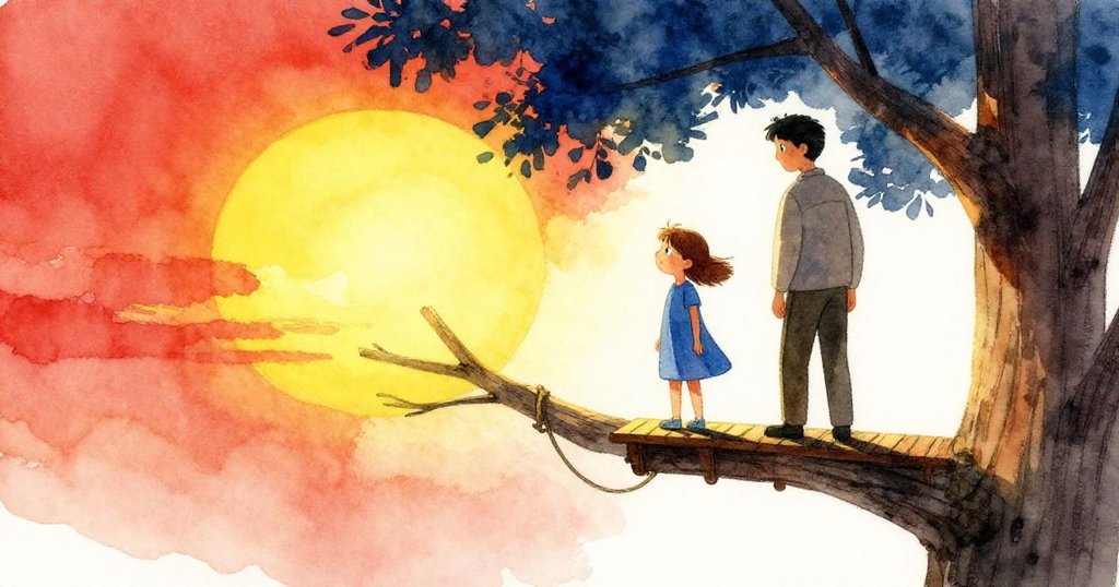 夕陽下Gemma與父母完成樹枝間木板安裝，暖金光中穩固的結構與飄動繩索映照出喜悅與成就。