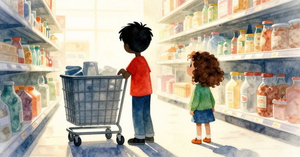 Dante與Ruby在明亮的烹飪區中向沉重車架走去,剪影呈現溫暖光影背景,充滿期待與好奇心。