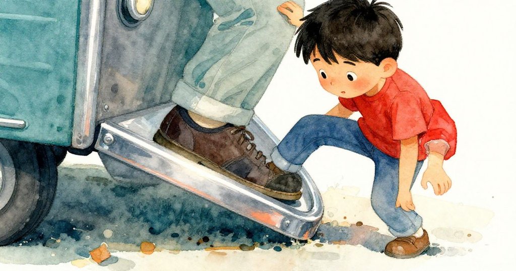 Dante 穩穩地將鞋子踏在冰冷金屬車沿上,細膩展示堅定與計畫,光影柔和突顯動作。