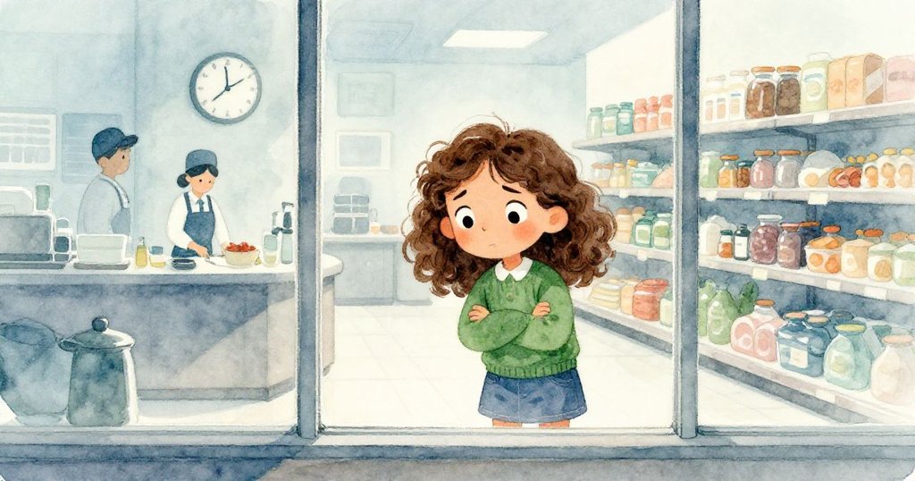 Ruby站在玻璃窗旁,專注觀察內部工作人員與牆上時鐘,流露關切神情,室內燈光柔和,展現內心焦慮。