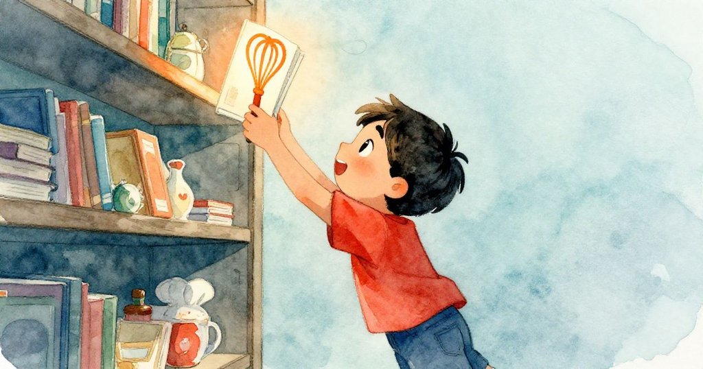 Dante彎身凝神望向高架書櫃中閃耀亮耳圖示的書,興奮與專注融合,展現智慧與堅定追求。