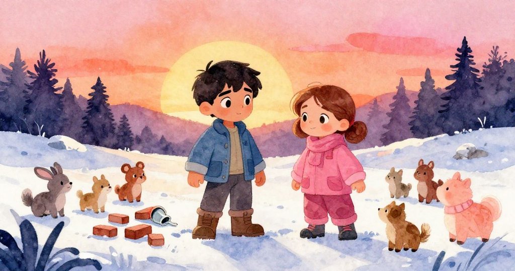 福雷斯特與弗洛拉在雪地中忙碌打造磚牆,四周有鳥與松鼠圍繞,畫面開啟故事冒險,充滿期待。