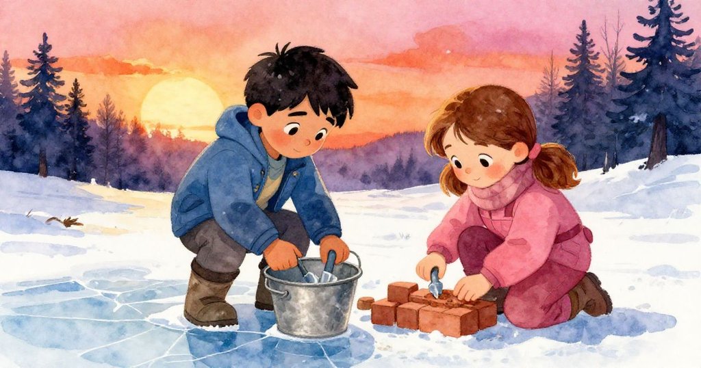 福雷斯特用力敲破冰面上的舊水桶,弗洛拉專注塑磚,畫中細膩展現新舊對比,氛圍冷暖交織。