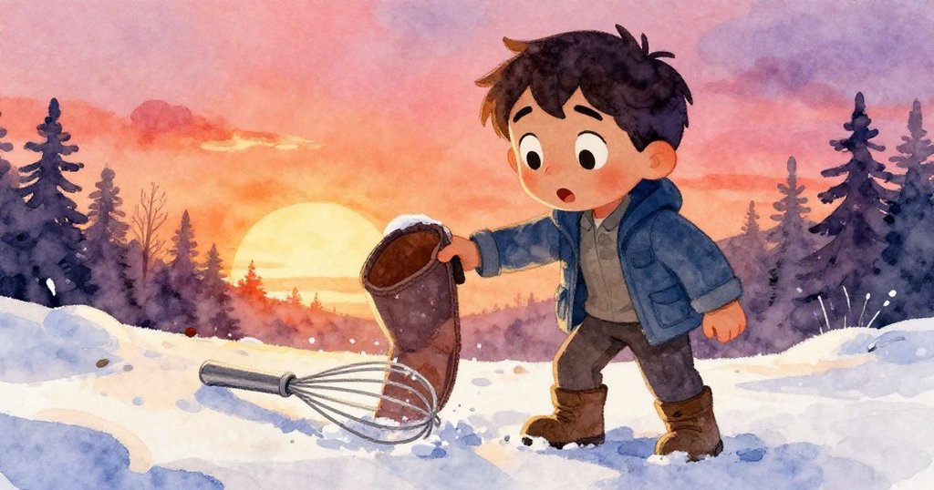 福雷斯特驚訝停步,低頭察看雪中露出的打蛋器,近景展現冰雪紋理與意外發現,情感豐富。