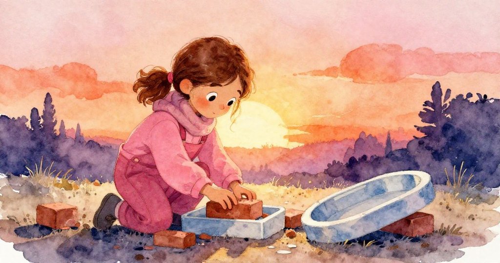 弗洛拉記憶中塑膠模具倒下瞬間憶起往昔,面帶柔和沉思,金黃記憶與現實交融,情感細膩。