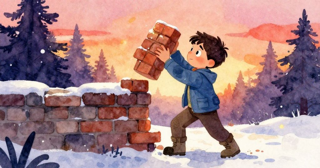 福雷斯特奮力搬運沉重磚頭,表情堅毅汗水與雪花交織,展示努力與挑戰,情感鮮明。