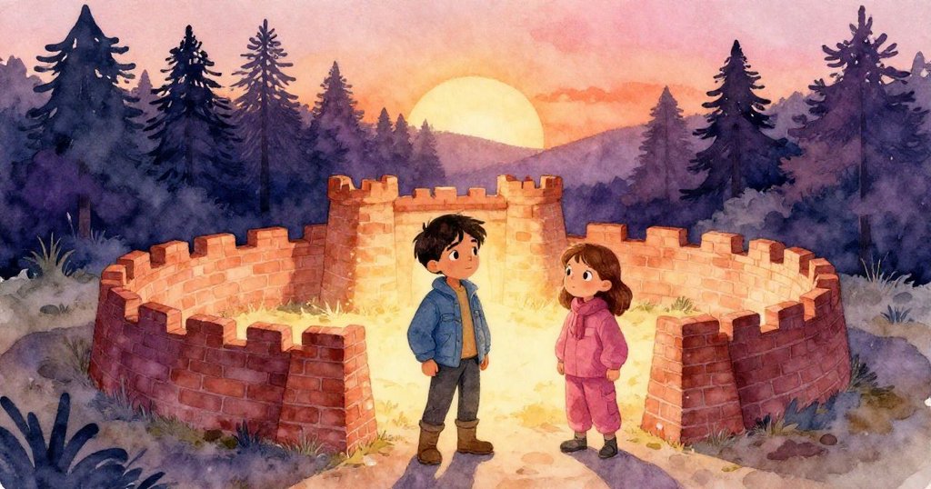 福雷斯特與弗洛拉圍繞磚堡回顧修築歷程,面帶欣慰微笑,夕光映襯下環境寧靜,締造圓滿結局。