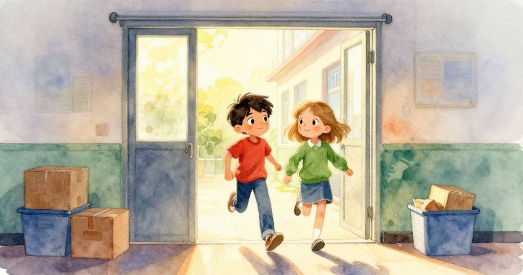 Soren和Ilsa在校園走廊靠近供應櫃,早晨金色光線灑落,雙方神情堅定,肩並肩努力打開滑動門檢查裡面隱藏的物品。