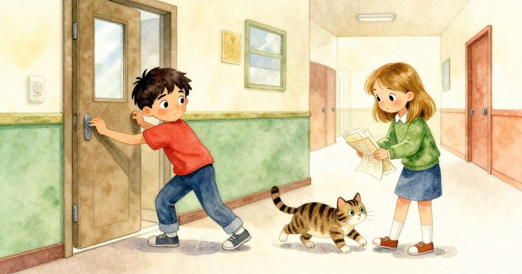 Soren使勁推門,Ilsa一手伸入取出藏匿的文件,一隻條紋校園貓在雙腳間穿梭,場景分割呈現動作與緊張瞬間,氣氛充滿期待。