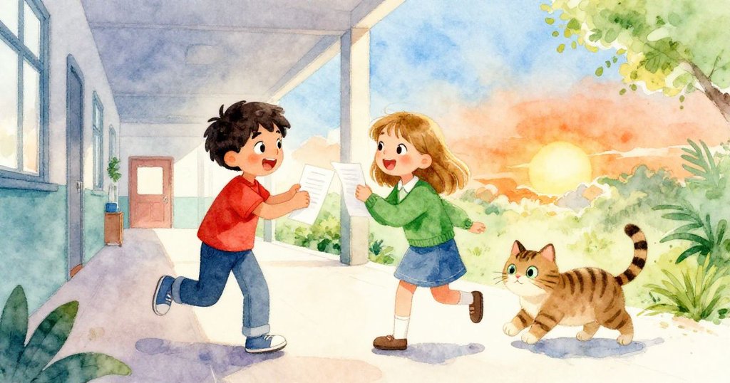 Ilsa輕巧地將紙張交給Soren,兩人展露喜悅與解脫笑容,條紋貓安靜走向灑滿陽光的走廊地面,場景洋溢著溫暖與慶祝的氛圍。