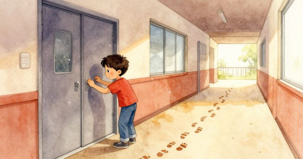 Soren輕推門扉,灰塵緩緩落下於鞋上,走廊中留有條紋貓的腳印向遠方延伸,預示著故事仍在溫暖校園中悄然展開。