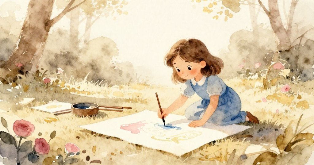 Alma在戶外使用畫筆與紙互動，陽光溫暖灑落，背景展示柳條架與自然環境，表情充滿專注與喜悅。