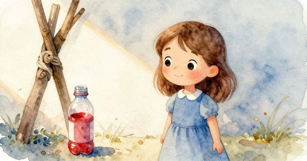 Alma在戶外輕觸紙張，旁邊擺放著盛有深紅油漆的塑料瓶和柳條架，強調明暗對比與創作過程。