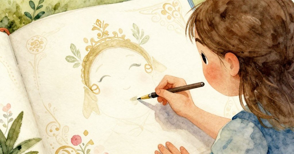 從低角度觀看，Alma專注作畫，展示紙面細節與柳條架的微妙擺動，透露藝術創作中的溫柔情感。