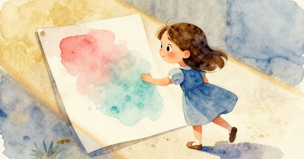 時間流逝中，Alma後退凝視漸乾的紙張，紙上鮮紅與藍綠漸變，溫暖午後光影映襯出細膩轉變。