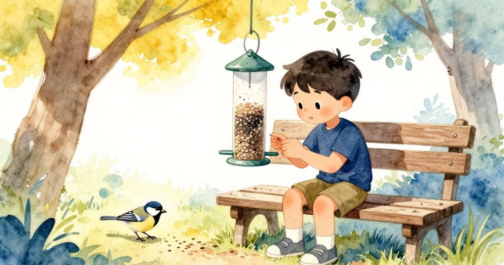 艾蒙仔細檢查餵鳥器,樹下溫暖陽光灑落,麻雀啄食餘粒,戶外環境和諧寧靜。