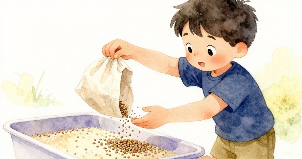 艾蒙專注地倒出種子,他的手仔細操作,種子如彈珠般翻滾,近鏡展現細緻溫柔的戶外情景。