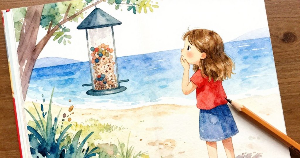 西雅從自己的視角畫下餵鳥器,筆記本記錄著樹葉間瀰漫的琥珀光,下方鳥兒輕輕等待,情境靜謐。