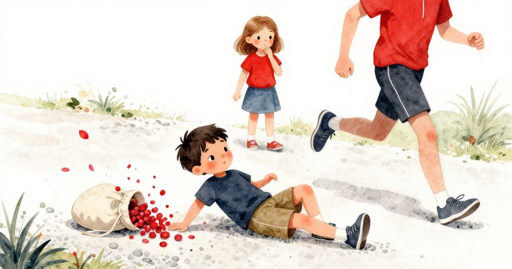 突然間,一位跑者因扭傷腳踝在碎石上滑倒,布袋掉落散出花瓣,艾蒙與西雅驚訝趕來現場,場景動感十足。