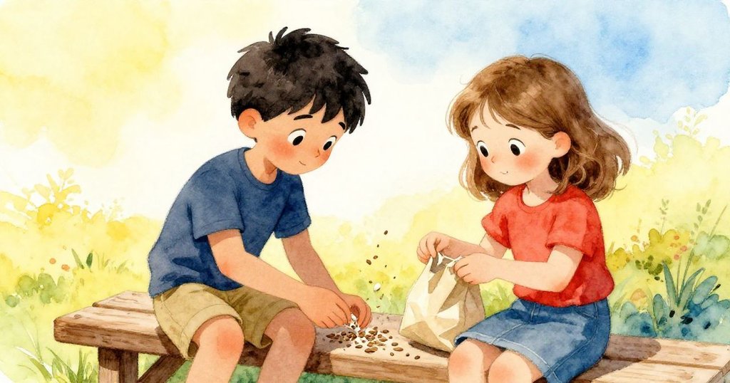 艾蒙與西雅齊心協力修補紙袋、收集散落的種子,他們面露專注與溫暖微笑,戶外景色重現平靜。