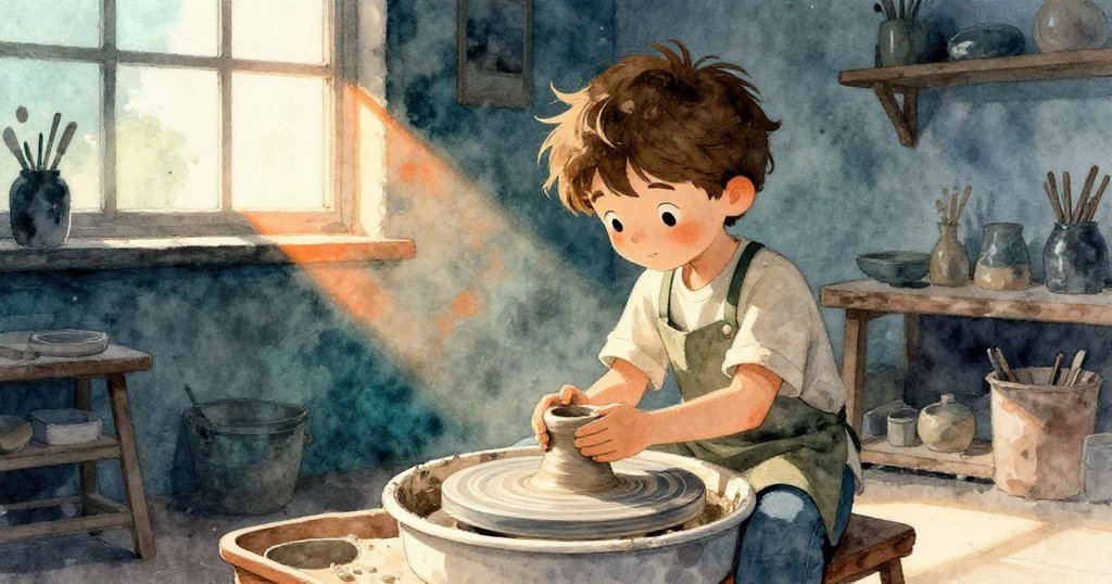 Jude在陶藝工作室中，按壓濕泥，明亮窗光投下戲劇性影子，展現創作開端與專注神情