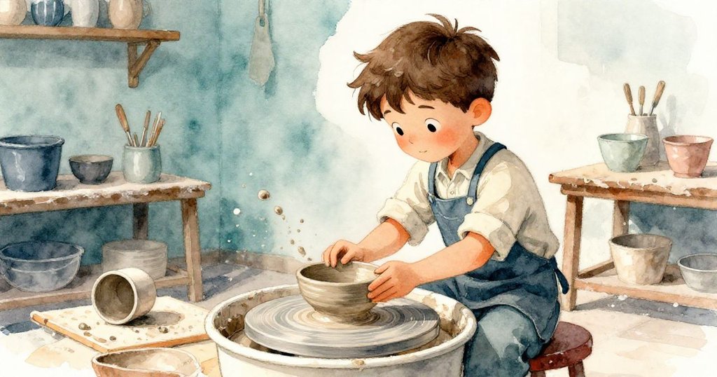 Jude調整踏板，陶輪上的半成型陶碗搖晃，濺出的泥水和後景轉動著杯子，展現動態發展