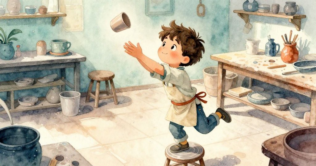 Jude從高角度急衝，伸手抓住從架上滾落的杯子，背景呈現陶藝室內部，充滿急迫與關愛