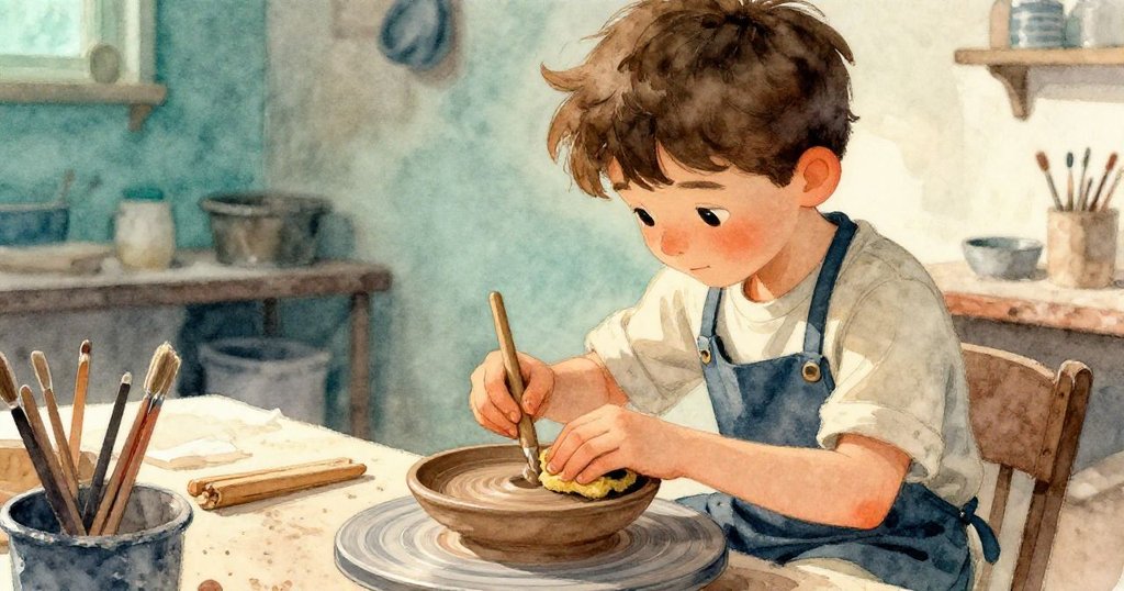 Jude專注操作木質刻刀與濕海綿，細心刻劃陶碗邊緣的螺旋紋，展現創作專注與溫暖工作環境