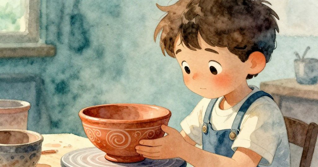 Jude微笑凝視精緻陶碗，細膩螺旋紋與柔和光影交織，呈現創作完成與靜謐滿足的美好結局