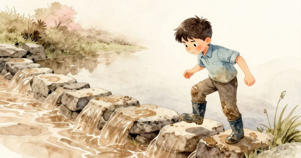 堅毅的約克走向鋪滿黏滑泥印的石堤，水光閃爍映襯著溫暖的戶外鄉村風景，充滿冒險初始氛圍。