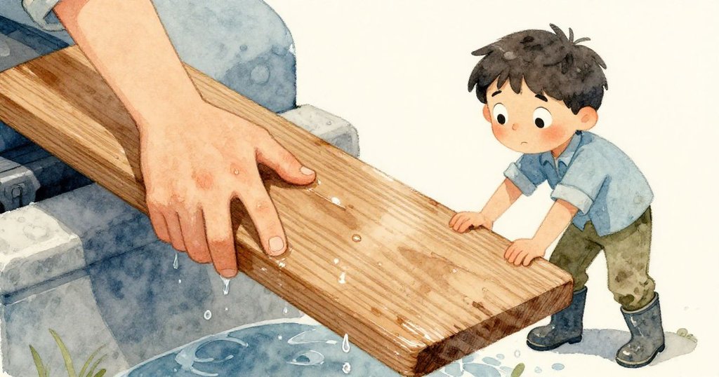 約克專注地推動濕潤木板，手緊握著質樸紋理，水珠閃爍，細膩呈現戶外動作情景。