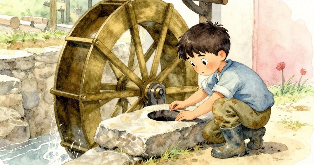 從低角度看見約克蹲在水輪旁，認真觸摸石面凹槽，光影流轉呈現堅毅與好奇的自然戶外景象。