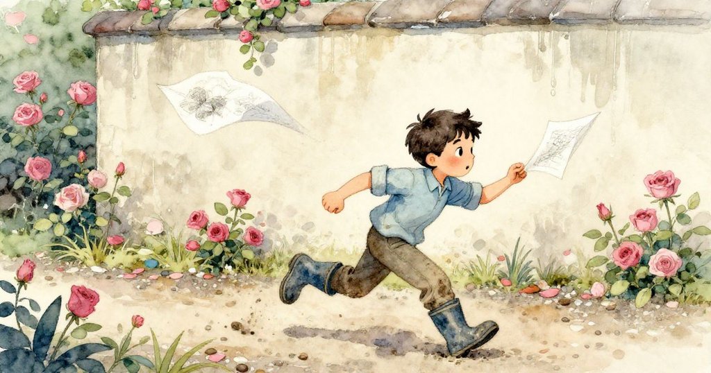 約克急奔於碎石庭徑上撿起飄零的畫冊頁面，神情急切中流露懷舊溫情，環境中散落落葉與枝條。