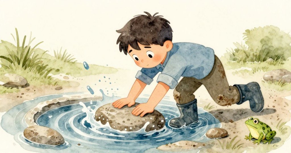 約克堅定地將平石按入湍急水流中，水花四濺，一隻綠蛙緊扣在靴子上，展現瞬間動作與奮力一搏。