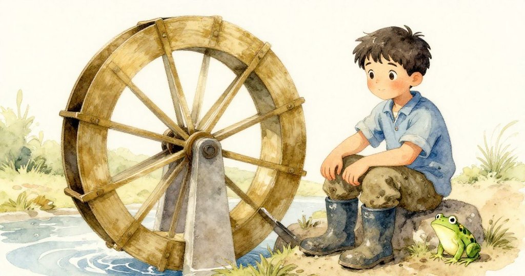 約克安坐於緩轉的水輪旁，臉上帶著淡淡微笑，靜謐中綠蛙貼靴相伴，表現出溫柔解決後的平和心情。