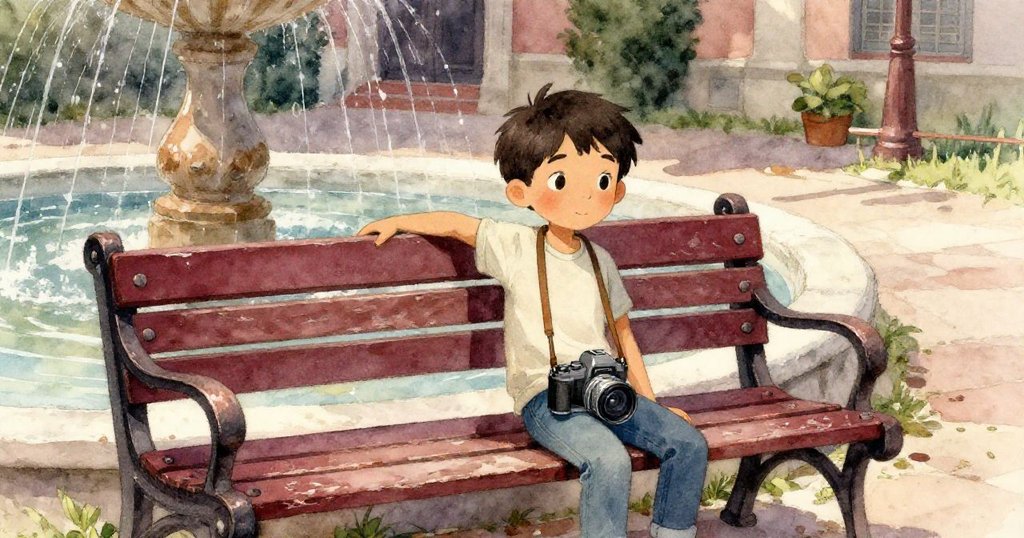 Eamon小心地在日曬溫暖的長椅上調整相機，背景是有歷史感的石雕噴泉，細節展現時間的痕跡。