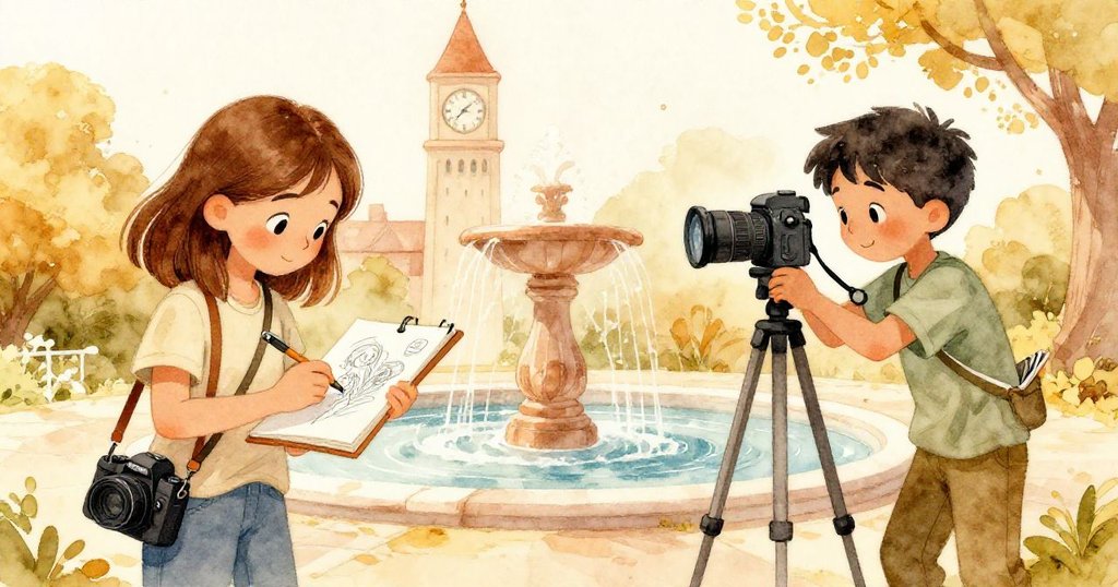 Neve專心畫著噴泉細節，Eamon調整三腳架捕捉光影，兩人分鏡展現合作與專注的瞬間。