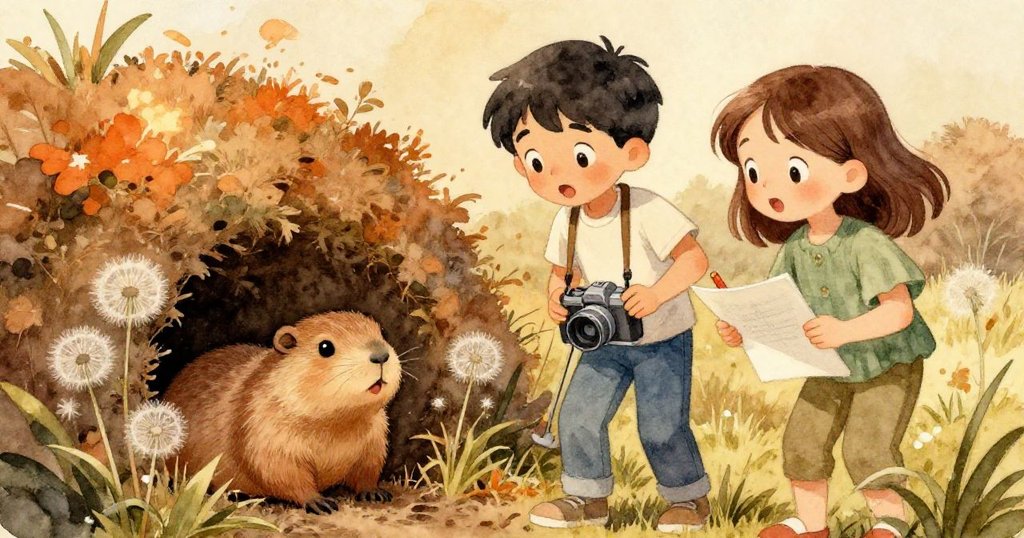 一隻好奇的地鼠從菊花莖叢中探出頭來，Eamon與Neve露出驚喜微笑，場景充滿自然與溫暖氣息。