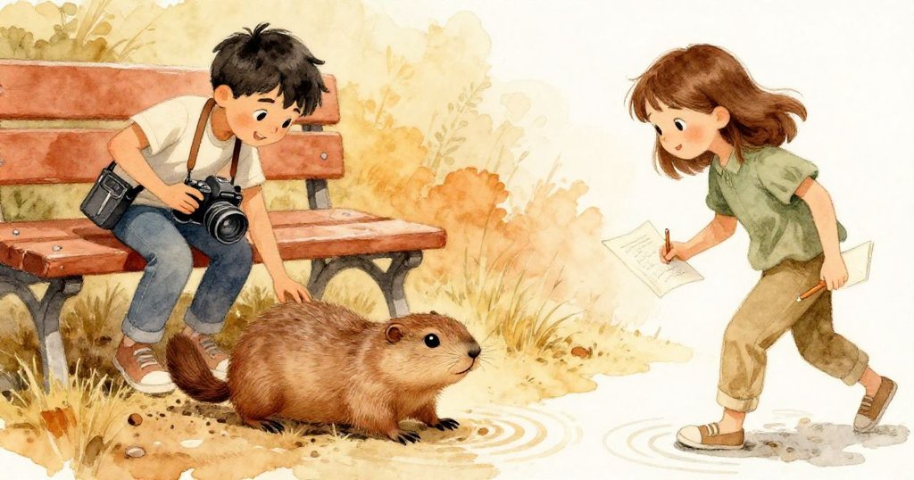 在水滴變細緩的時刻，地鼠在椅下奔跑，Eamon側身拍攝，Neve向前捕捉倒影，氣氛充滿動感與溫暖。