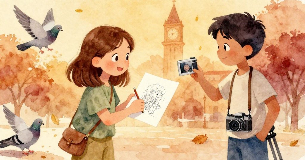 Neve與Eamon互相展示創作成果，Neve傳遞完稿素描，Eamon展示相機畫面，背景有鴿子與樹葉，溫馨而滿足。