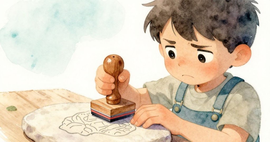 路克專注地壓印木製印章於黏土上,眉頭微蹙,細節清晰呈現不均勻的印記,表情緊張