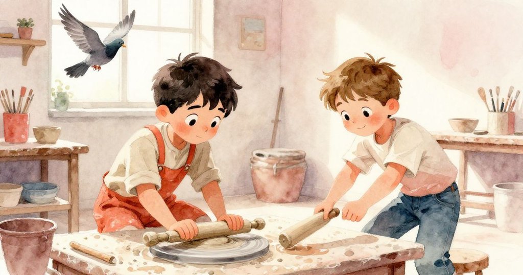 布拉姆專注地擀壓新黏土板,路克迅速接住滑動的擀麵杖,窗外鴿子飛舞,動態場景展現緊密協作